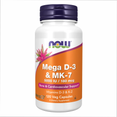 Вітамін Д3 та К2 (МК-7) Now Mega D-3 and MK-7 5000 МE / 180 мкг 120 вег капс
