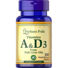 Вітамін А та Д3 Puritans Pride Vitamins A and D3 Fish Liver Oils 100 софтгель