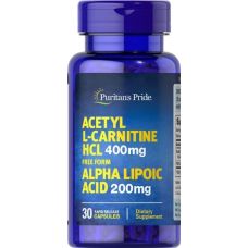 Ацетил-L-карнітин з альфа-ліпоєвою кислотою Puritans Pride Acetyl L-Carnitine 400 мг з Alpha Lipoic Acid 200 мг 30 капс