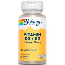 Вітамін Д3+К2 (MK-7) Solaray Vitamin D3+K2 (MK-7) 5000ME|50мкг 120 веганських капсул